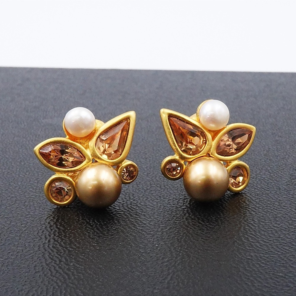 Vintage Bijoux‎ Givenchy Champagne Rhinestone Clip Earrings Gold Tone Faux Pearl